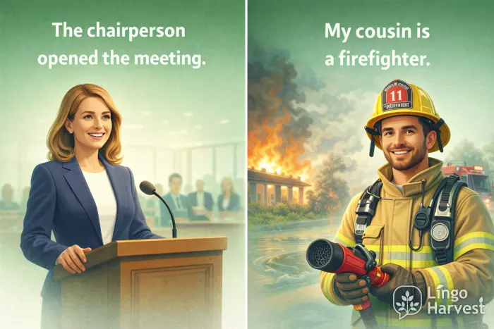 chairperson opening a meeting and firefighter at work