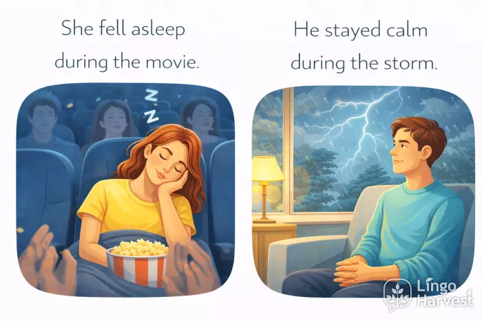during preposition examples, asleep during movie, calm during storm