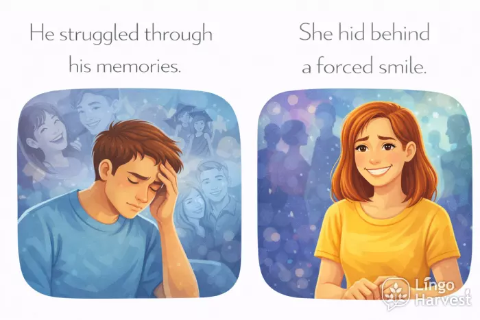 emotional expressions examples, struggling with memories, hiding behind forced smile