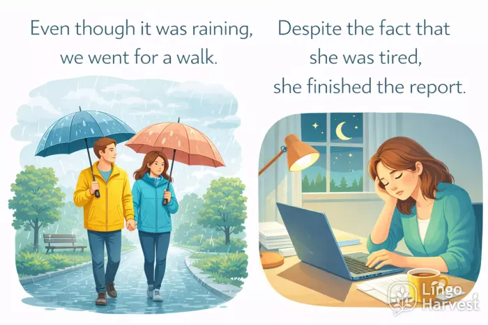 even though vs despite examples, rainy walk, tired woman finishing report