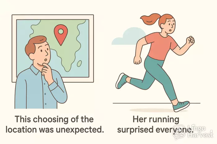 gerund phrases choosing location unexpected running surprised