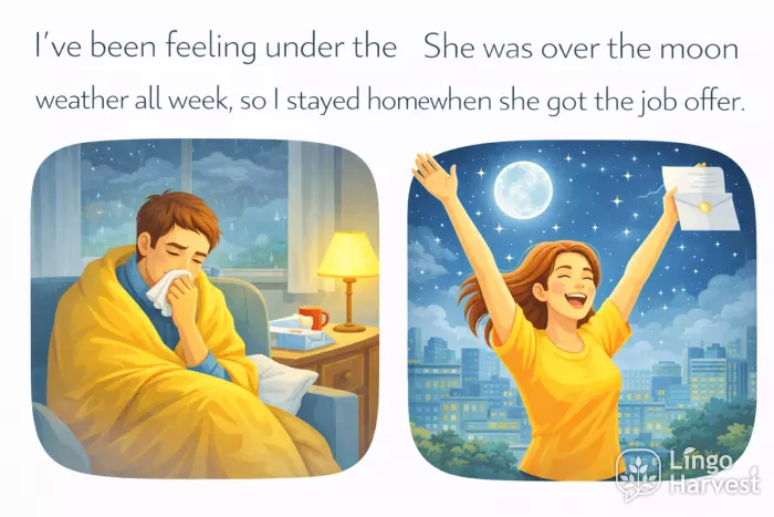 idioms under the weather and over the moon, sick at home, happy job offer