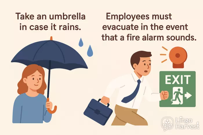 in case it rains umbrella; in the event of fire alarm evacuation