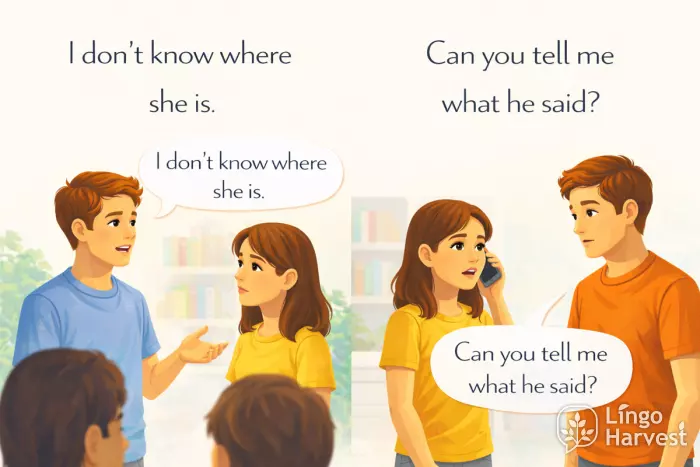 indirect questions where she is what he said conversation