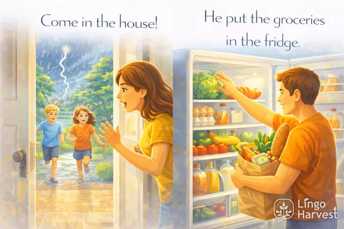 kids running into house and putting groceries in fridge