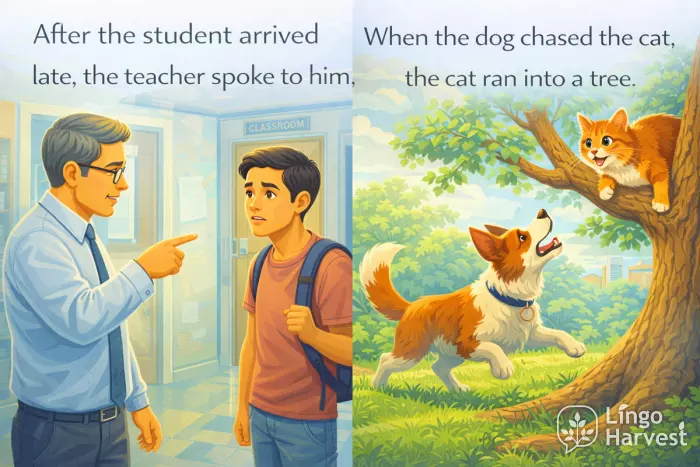 late student meeting teacher and dog chasing cat into tree