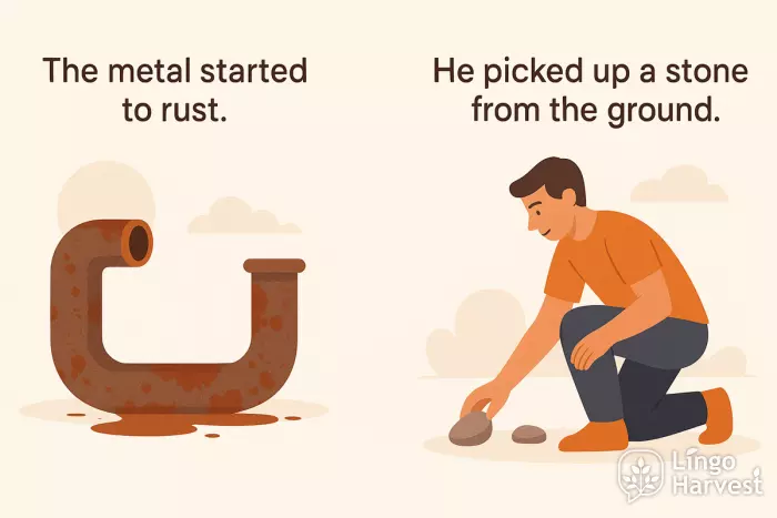 metal rusting pipe man picking stone
