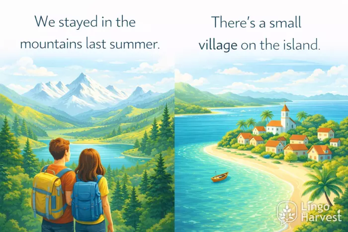 mountain stay and island village scene