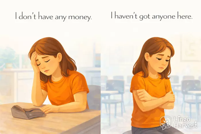 negative sentences no money no one here examples