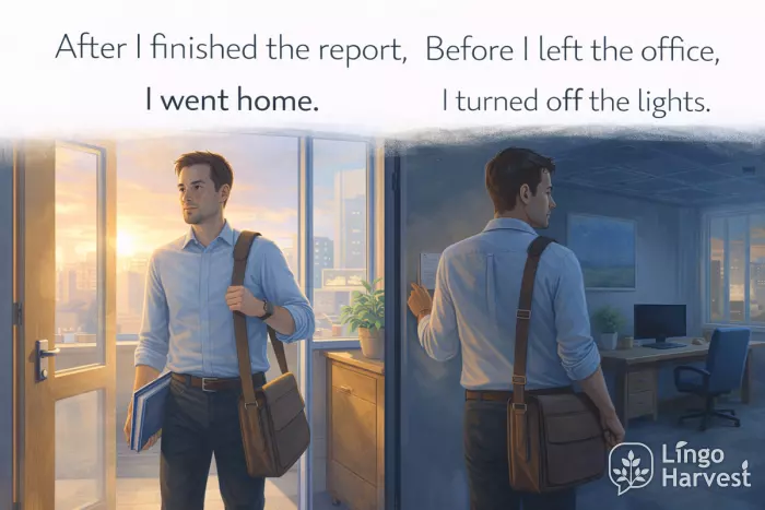 prepositions with gerunds leaving office after finishing report