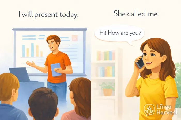 present tense pronouns presentation scene phone call