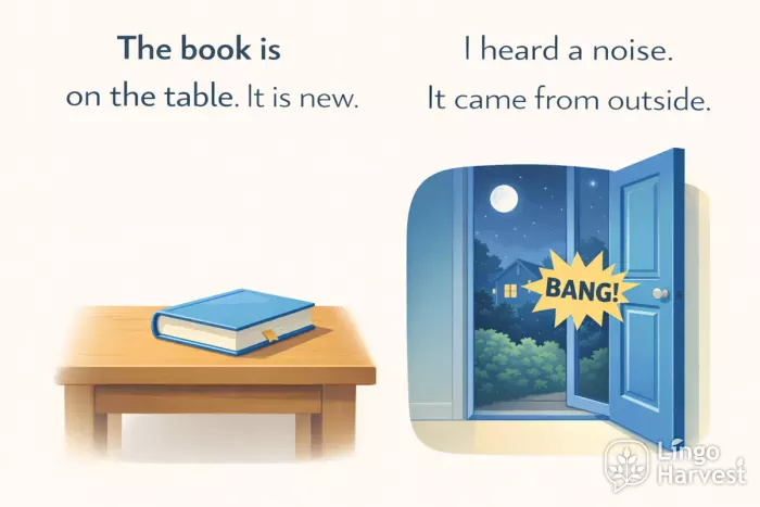 pronoun it reference book table noise outside