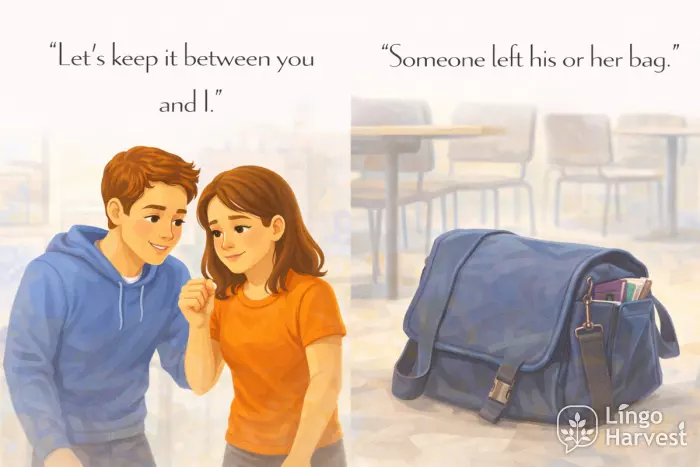 pronoun mistakes between you and I someone his or her bag