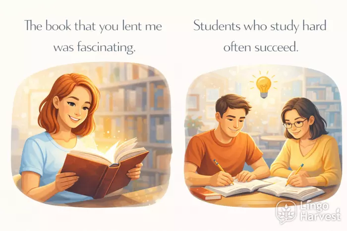 relative clauses book you lent students who study succeed