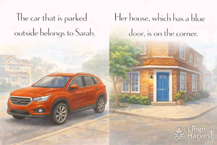 relative clauses car parked outside Sarah house blue door corner