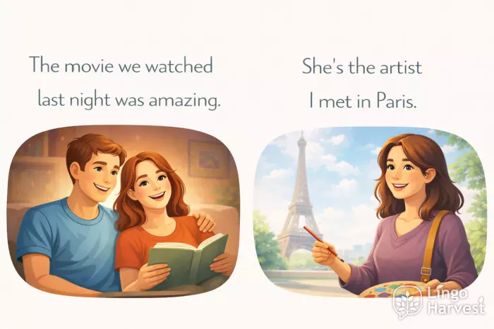 relative clauses examples movie we watched artist I met