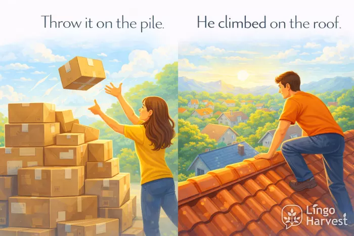 throwing onto pile and climbing on roof