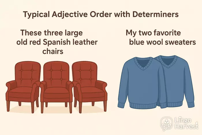 typical adjective order with determiners examples