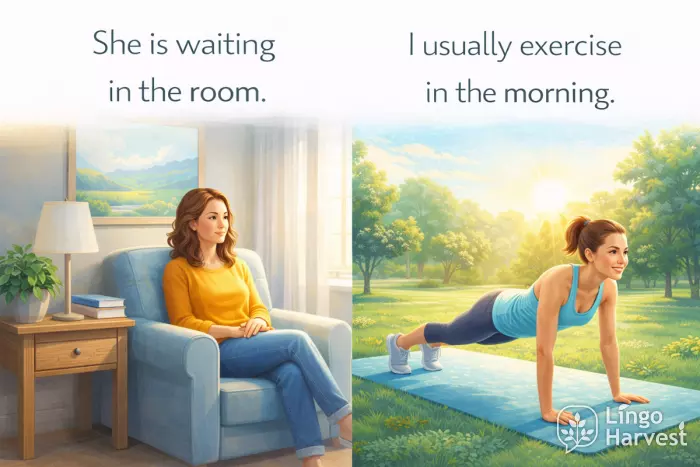 woman waiting in room and morning exercise routine