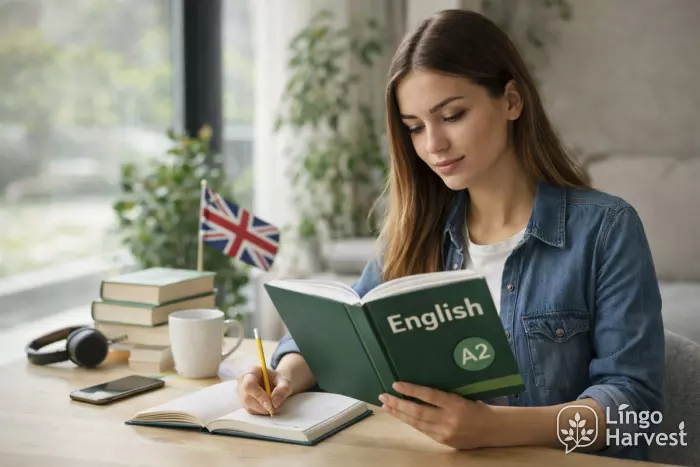 Daily English study routine with book and notes