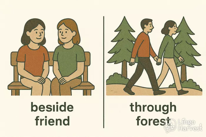 prepositions beside friend through forest