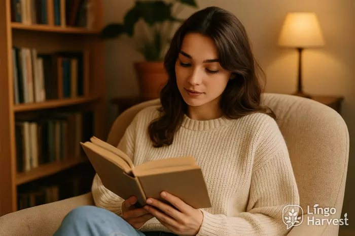 Woman reading in cozy living room