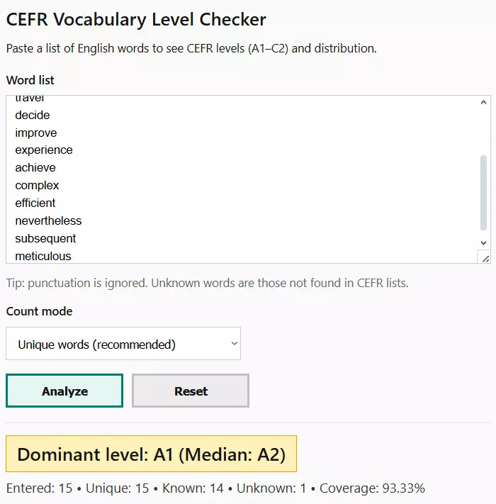 how to use CEFR vocabulary level checker step by step