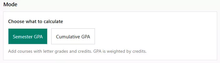 Semester and cumulative GPA calculator mode selector