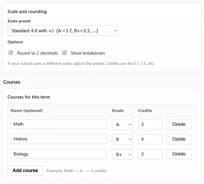 Course input table with grades and credits