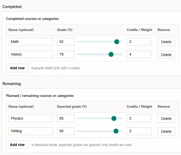 Completed and remaining courses input table