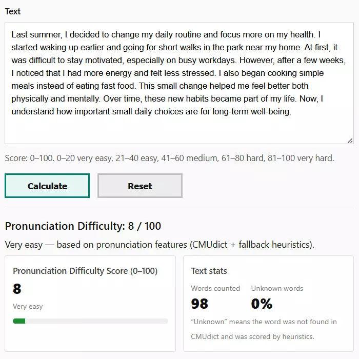 Pronunciation difficulty calculator result showing read aloud score 8 out of 100