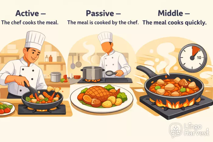 active passive middle voice cooking example chef pan