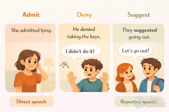admit deny suggest gerund patterns reported speech