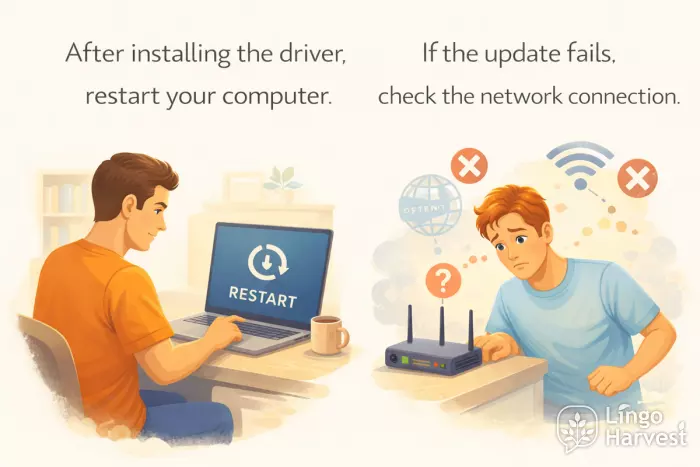 after installing driver restart computer if update fails check network