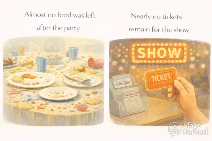 almost no vs nearly no food and tickets examples