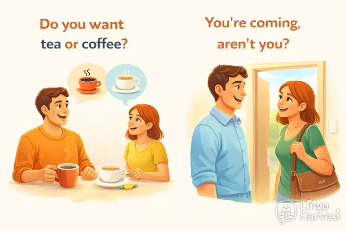 choice questions tea coffee and tag questions dialogue