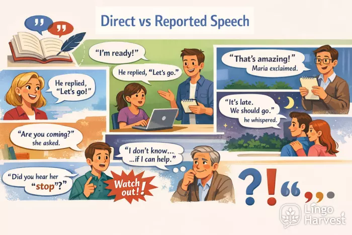 Direct speech punctuation infographic with dialogue examples