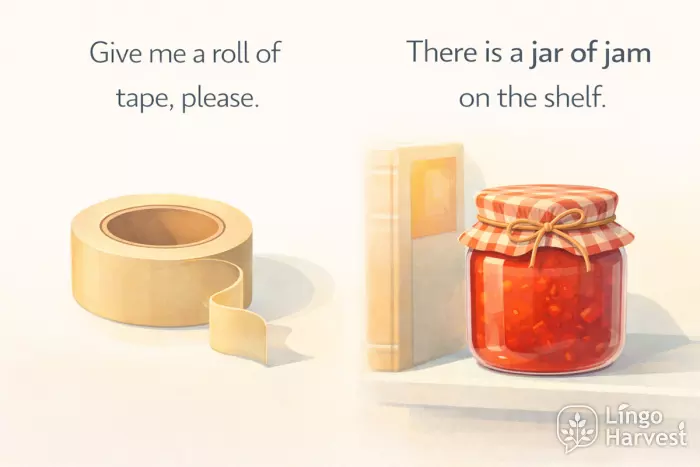 partitives roll of tape jar of jam on shelf