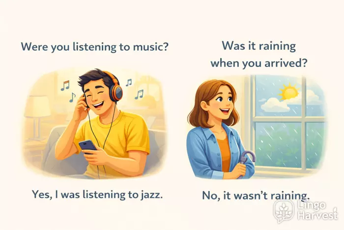 past continuous yes no questions listening raining examples