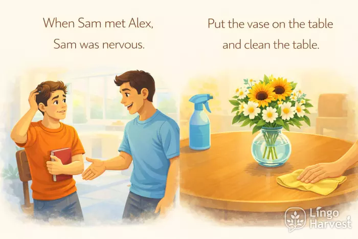 pronoun reference clarity Sam met Alex nervous vase table actions