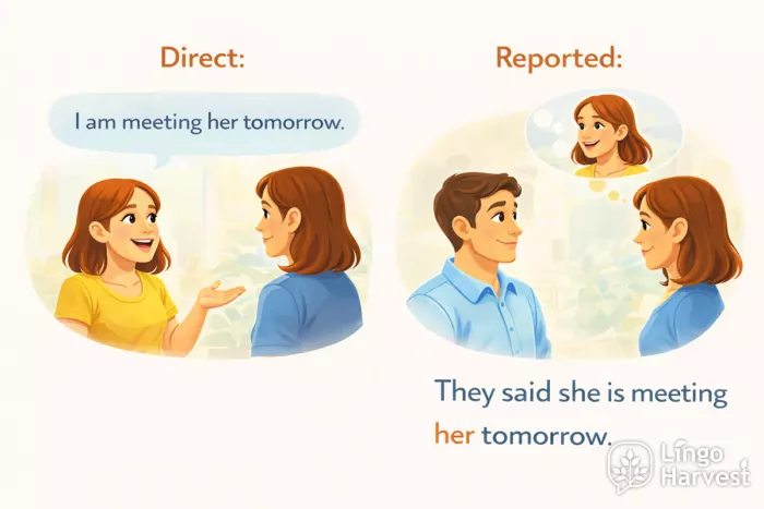 reported speech present continuous tomorrow meeting plans dialogue