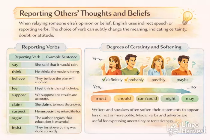 reporting verbs indirect speech certainty softening infographic