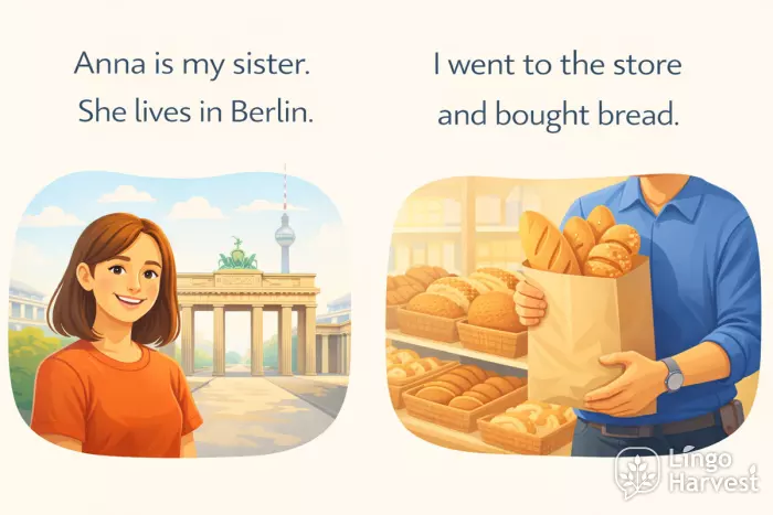 simple pronoun sentences sister Berlin store bread