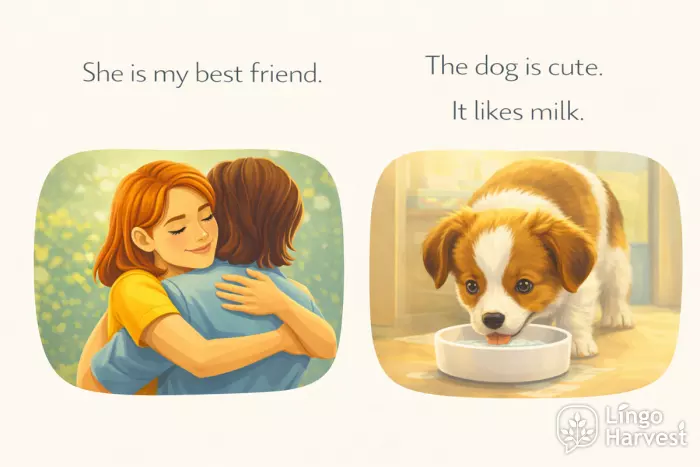 basic pronouns she it friend dog milk