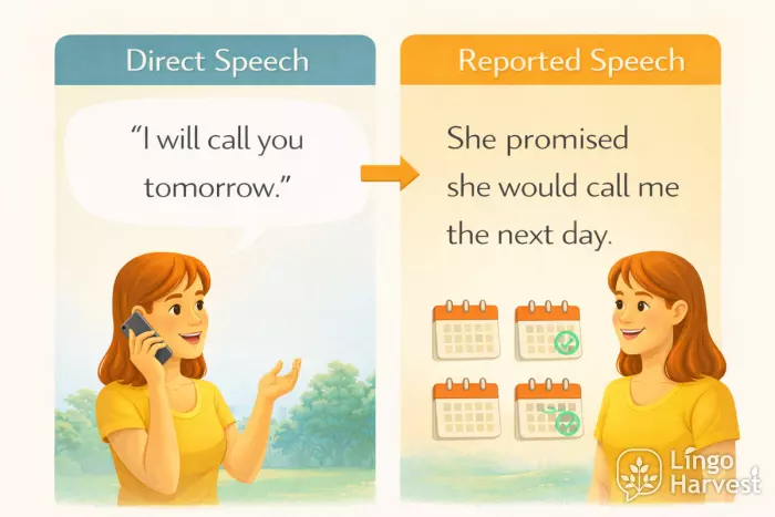 direct vs reported speech tomorrow next day promise call