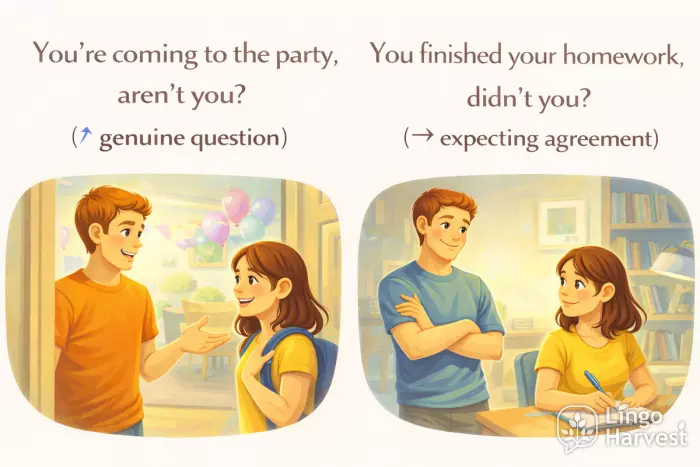 English tag questions intonation rising falling party homework