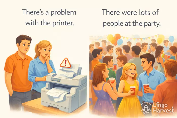 existential there sentences printer problem busy party scene