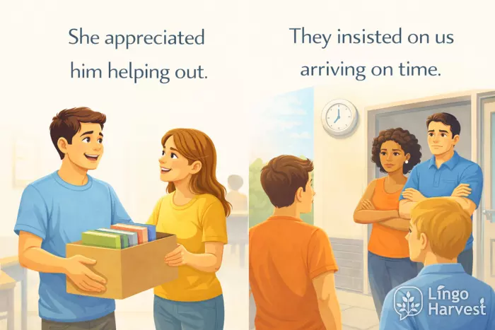 gerund phrases showing appreciation and punctuality scene