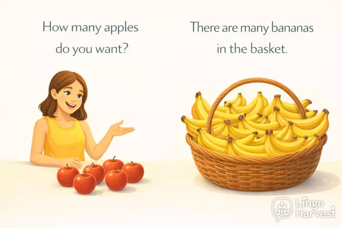 how many vs many apples and bananas examples