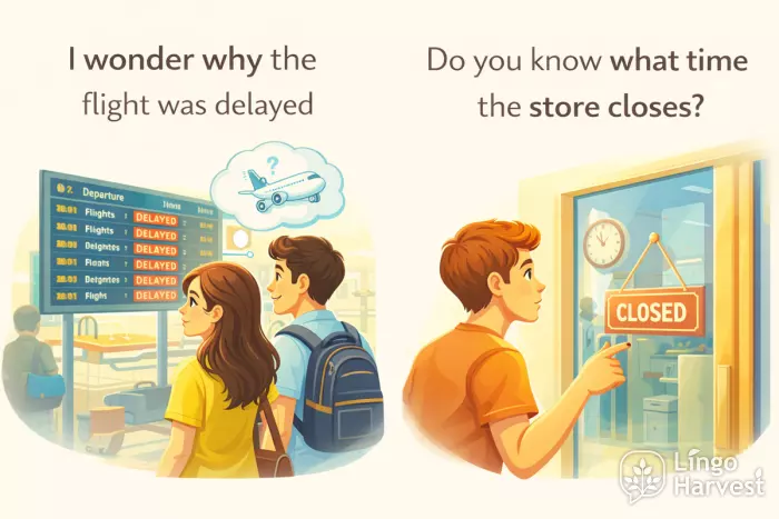 indirect questions English flight delayed store closing time